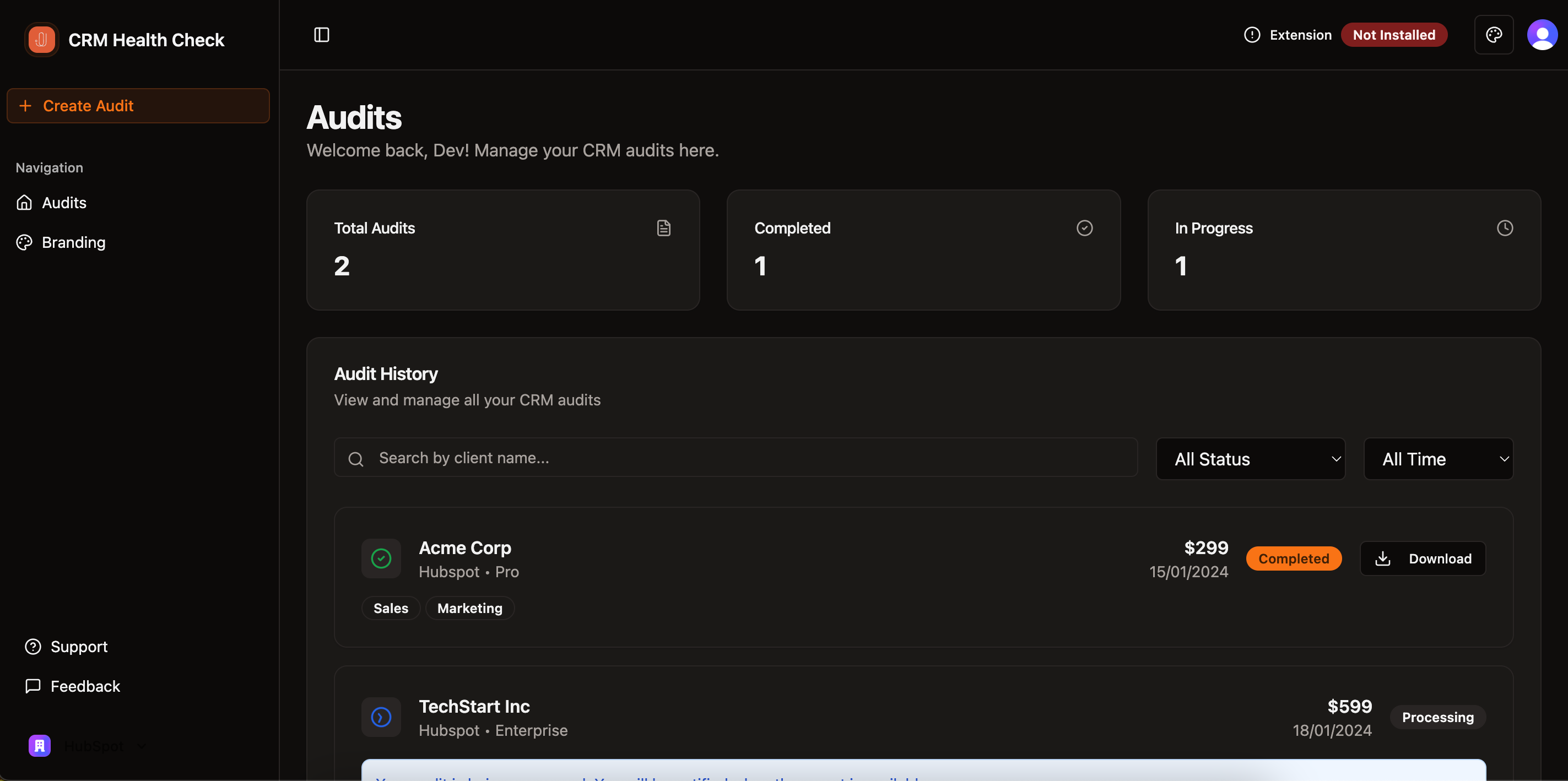 CRM Health Check - Dark Mode Dashboard
